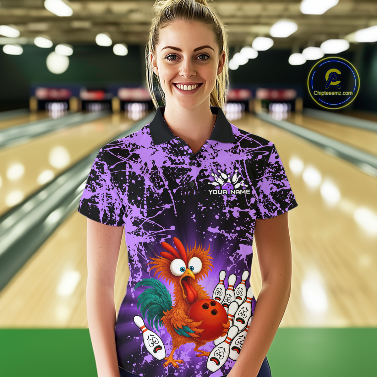 Purple Funny Chicken Bowling Jersey for Women Bowling League Bowling Team Shirts Polo & 1/4 Zip HN232