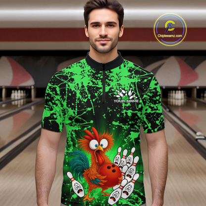 Green Funny Chicken Bowling Jersey for Men Bowling League Bowling Team Shirts Polo & 1/4 Zip HN232