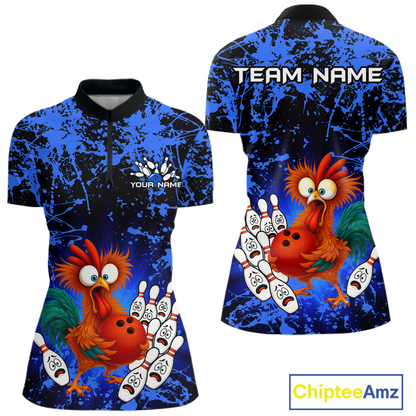 Blue Funny Chicken Bowling Jersey for Women Bowling League Bowling Team Shirts Polo & 1/4 Zip HN232