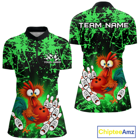 Green Funny Chicken Bowling Jersey for Women Bowling League Bowling Team Shirts Polo & 1/4 Zip HN232