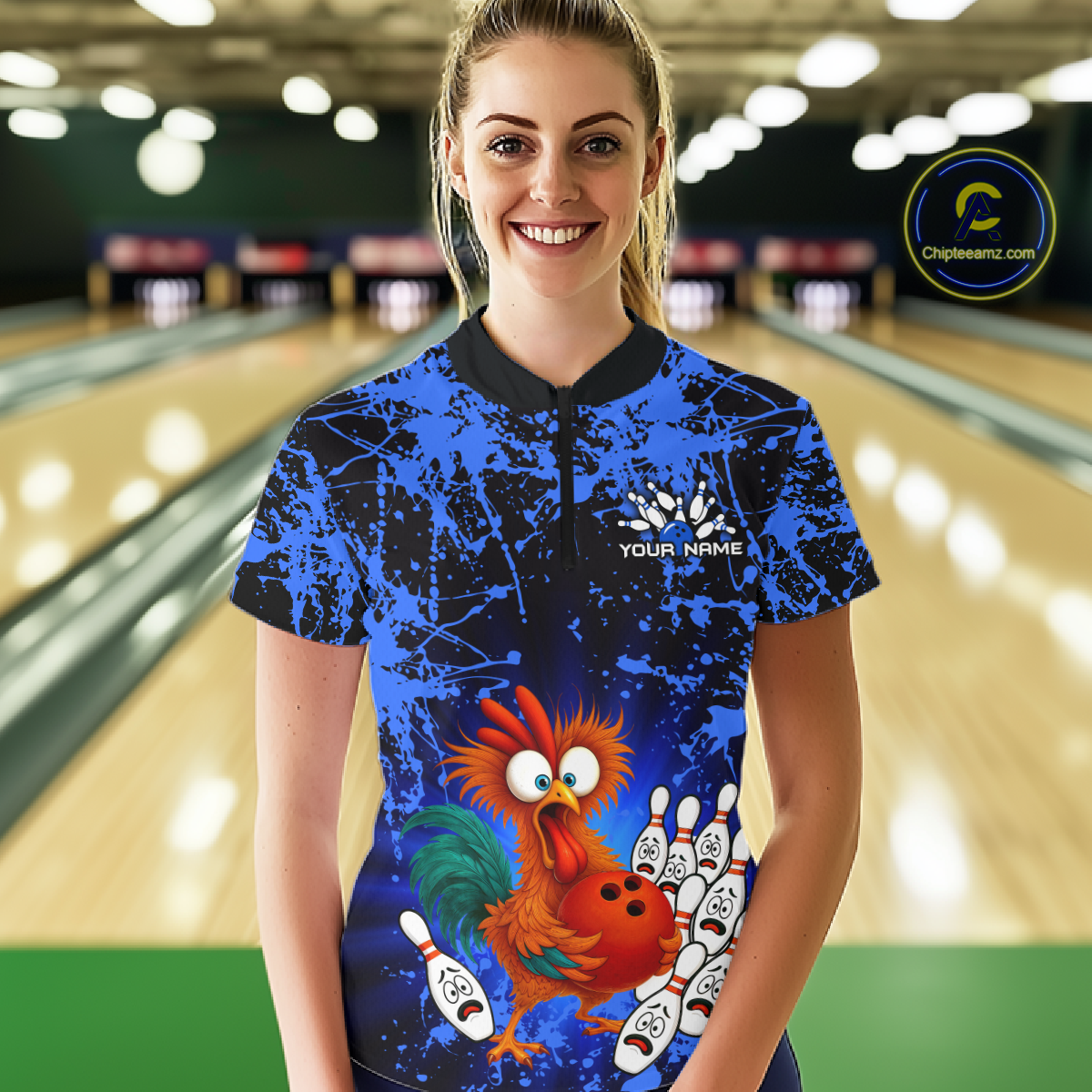Blue Funny Chicken Bowling Jersey for Women Bowling League Bowling Team Shirts Polo & 1/4 Zip HN232