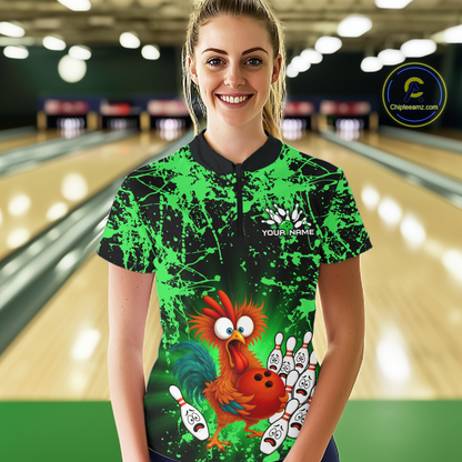 Green Funny Chicken Bowling Jersey for Women Bowling League Bowling Team Shirts Polo & 1/4 Zip HN232