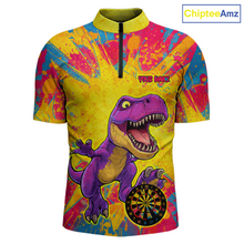 Load image into Gallery viewer, Front darts quarter zip shirt featuring a purple dinosaur holding a dartboard within a bright colorful paint splatter background.