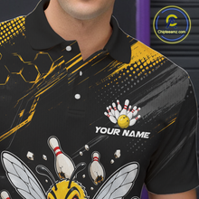 Load image into Gallery viewer, Bowling shirt featuring a muscular bee holding a bowling ball surrounded by pins on black yellow background.