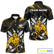 Load image into Gallery viewer, Front and back bowling polo shirt featuring a muscular bee holding a bowling ball surrounded by pins on black yellow background.