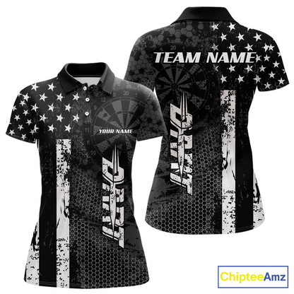 Front and back darts polo shirt featuring dartboard patterns layered with american flag graphics and geometric details on a black background.