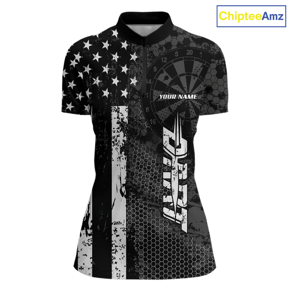 Front darts quarter zip shirt featuring dartboard patterns layered with american flag graphics and geometric details on a black background.