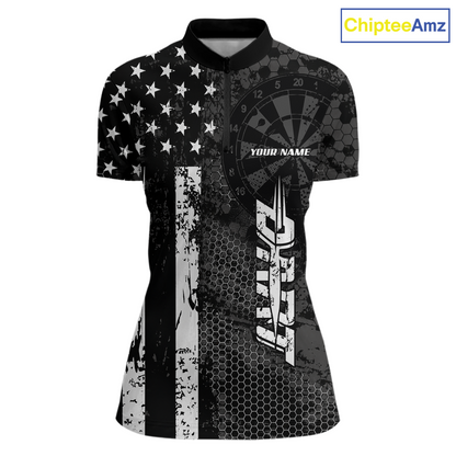 Front darts quarter zip shirt featuring dartboard patterns layered with american flag graphics and geometric details on a black background.