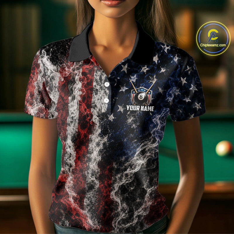 Custom Grunge Smoke US Flag 8 Ball Billiard Shirts for Women Billiard Team Jerseys Billiard League NNT276