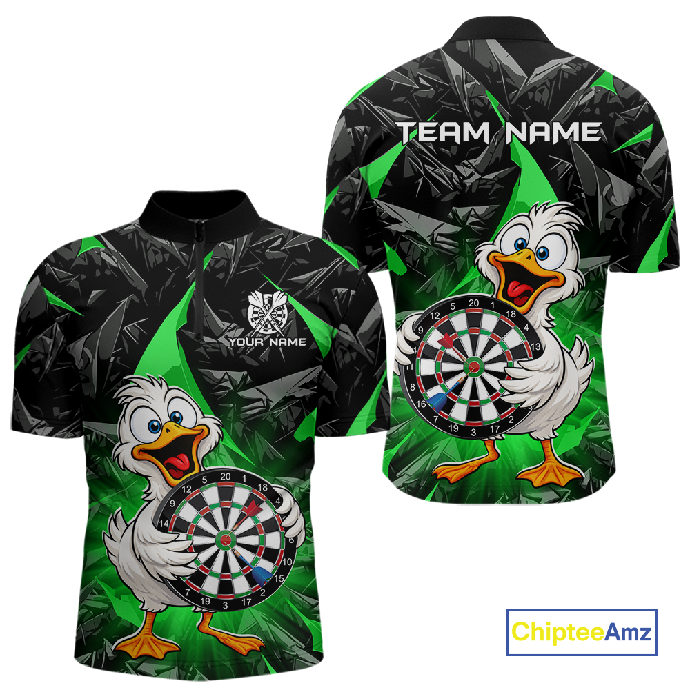 Custom Green Duck Funny Dart Shirt Dart Team Jersey for Men Dartboard Polo & 1/4Zip NNT167