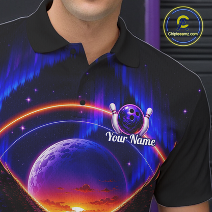 Man wearing a black bowling quarter zip with a eagle, glowing planet backdrop, bowling pins, and custom player name text.