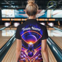 Load image into Gallery viewer, Woman wearing a black bowling quarter zip with a eagle, glowing planet backdrop, bowling pins, and custom team and player name text.
