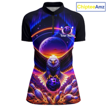 Load image into Gallery viewer, Front views of a black bowling quarter zip with a eagle, glowing planet backdrop, bowling pins, and custom player name text.