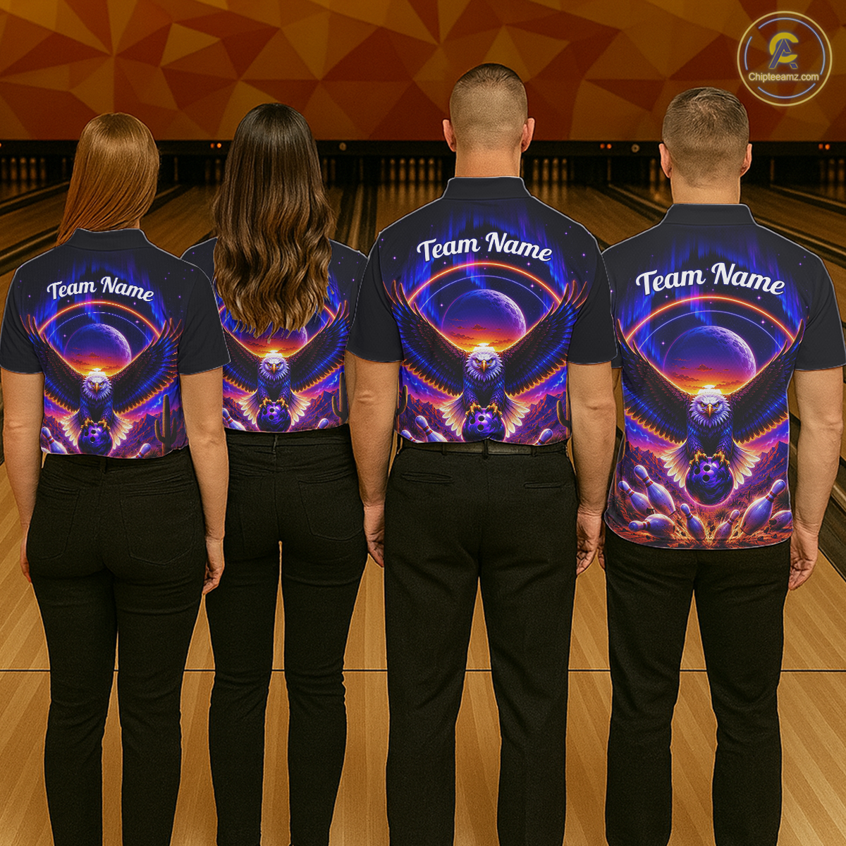 Four people wearing black bowling polo with a eagle, glowing planet backdrop, bowling pins, and custom team and player name text.