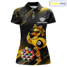 Load image into Gallery viewer, Front billiards polo shirt featuring a duck holding an eight ball with pool balls arranged across a black yellow background.