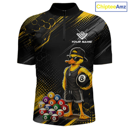 Front billiards quarter zip shirt featuring a duck holding an eight ball with colorful pool balls arranged on a black yellow background.
