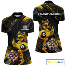 Load image into Gallery viewer, Front and back billiards quarter zip shirt featuring a duck holding an eight ball with pool balls arranged across a black yellow background.