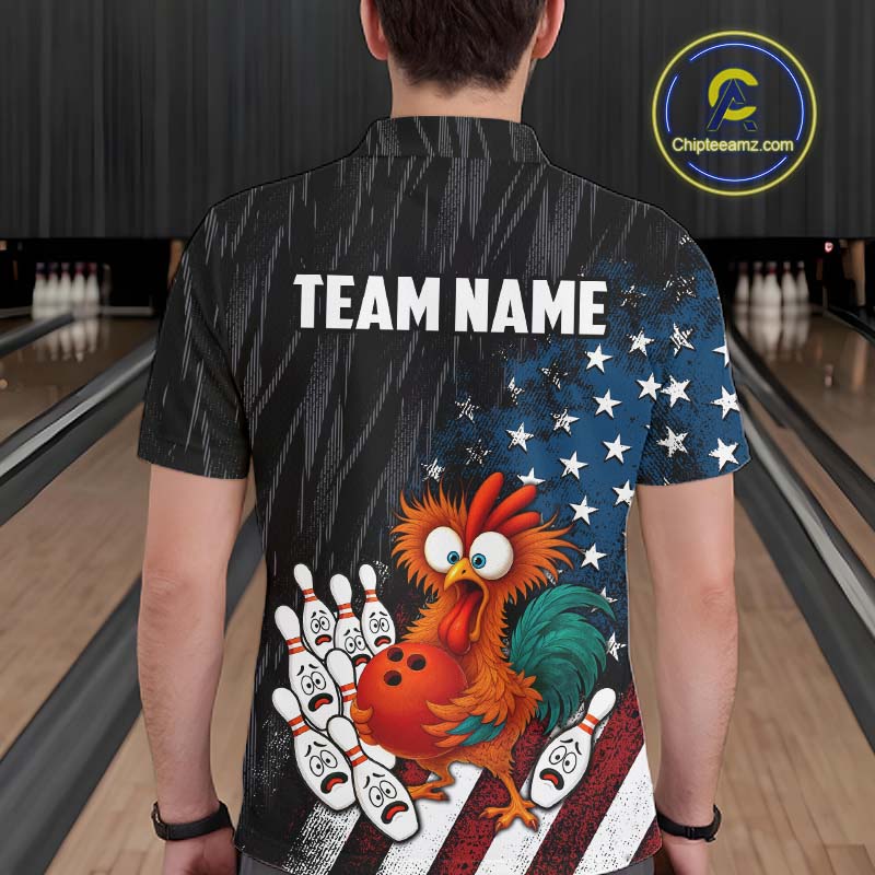 Custom American Flag Funny Chicken Bowling Jersey for Men Bowling Team Shirts Polo & 1/4 Zip HNT475