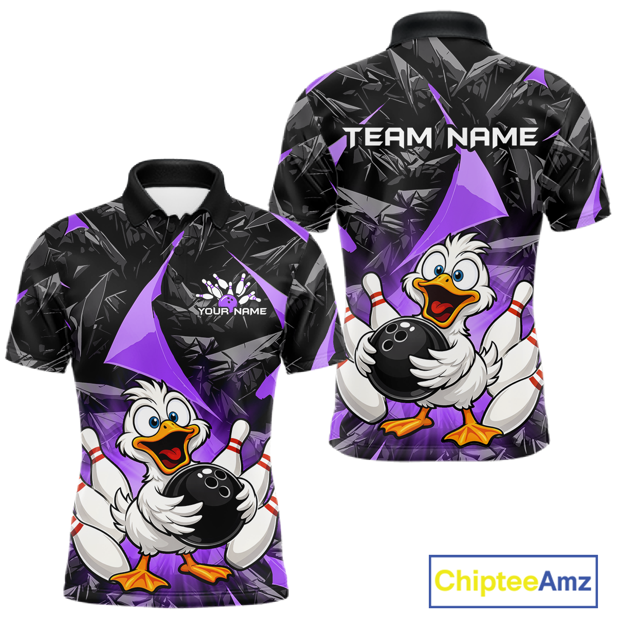 Custom Purple Funny Duck Bowling Jersey for Men Bowling League Bowling Team Shirts Polo & 1/4 Zip HN233