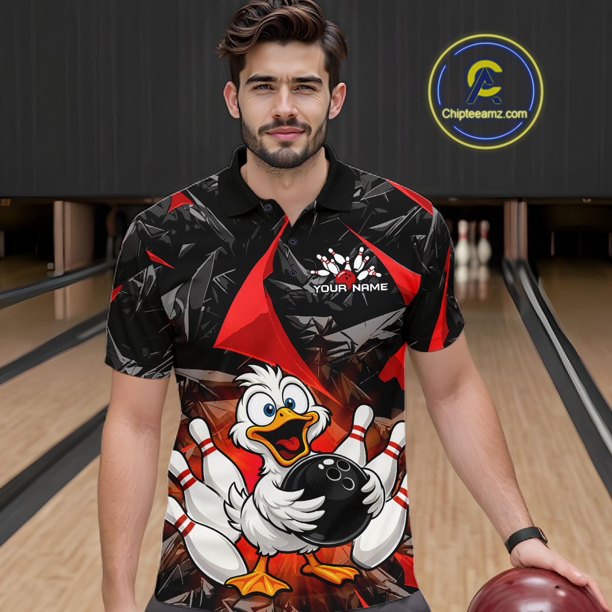 Custom Red Funny Duck Bowling Jersey for Men Bowling League Bowling Team Shirts Polo & 1/4 Zip HN233