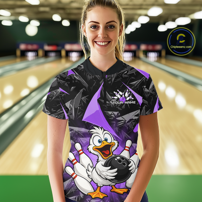 Custom Purple Funny Duck Bowling Jersey for Women Bowling League Bowling Team Shirts Polo & 1/4 Zip HN233