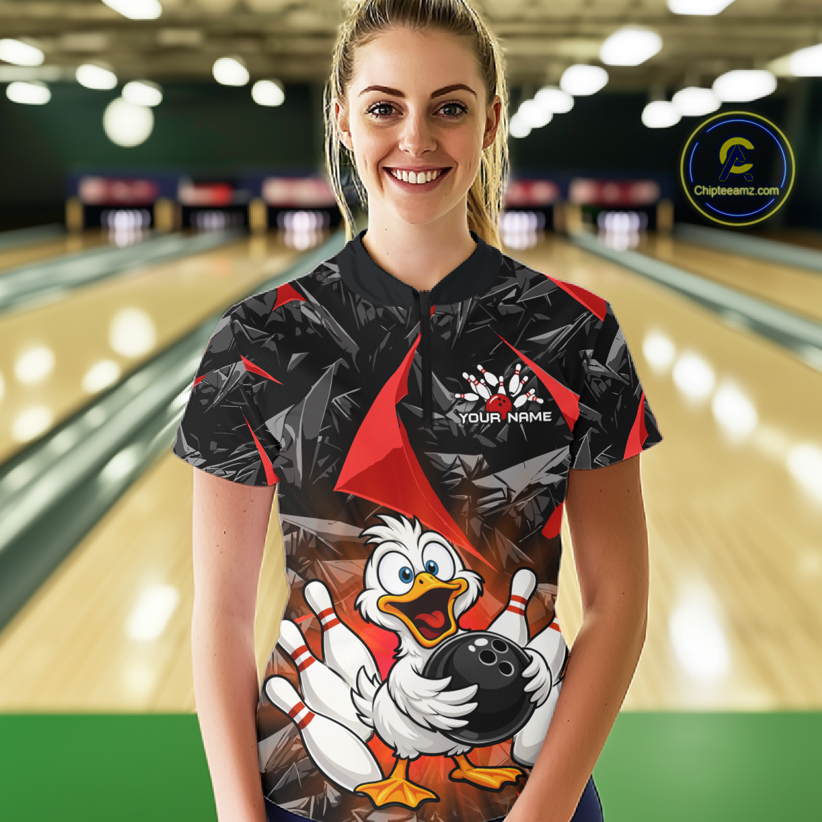 Custom Red Funny Duck Bowling Jersey for Women Bowling League Bowling Team Shirts Polo & 1/4 Zip HN233