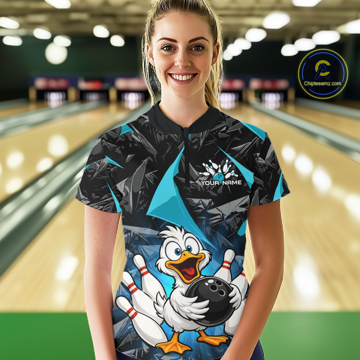 Custom Turquoise Funny Duck Bowling Jersey for Women Bowling League Bowling Team Shirts Polo & 1/4 Zip HN233