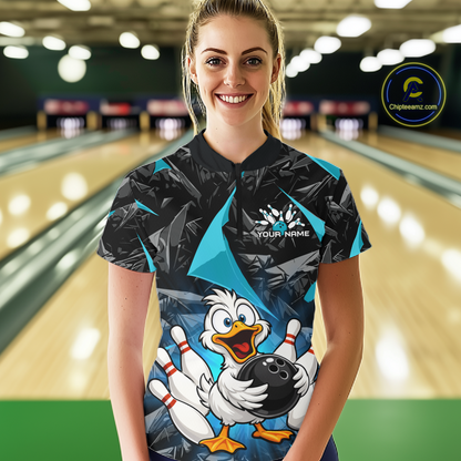 Custom Turquoise Funny Duck Bowling Jersey for Women Bowling League Bowling Team Shirts Polo & 1/4 Zip HN233