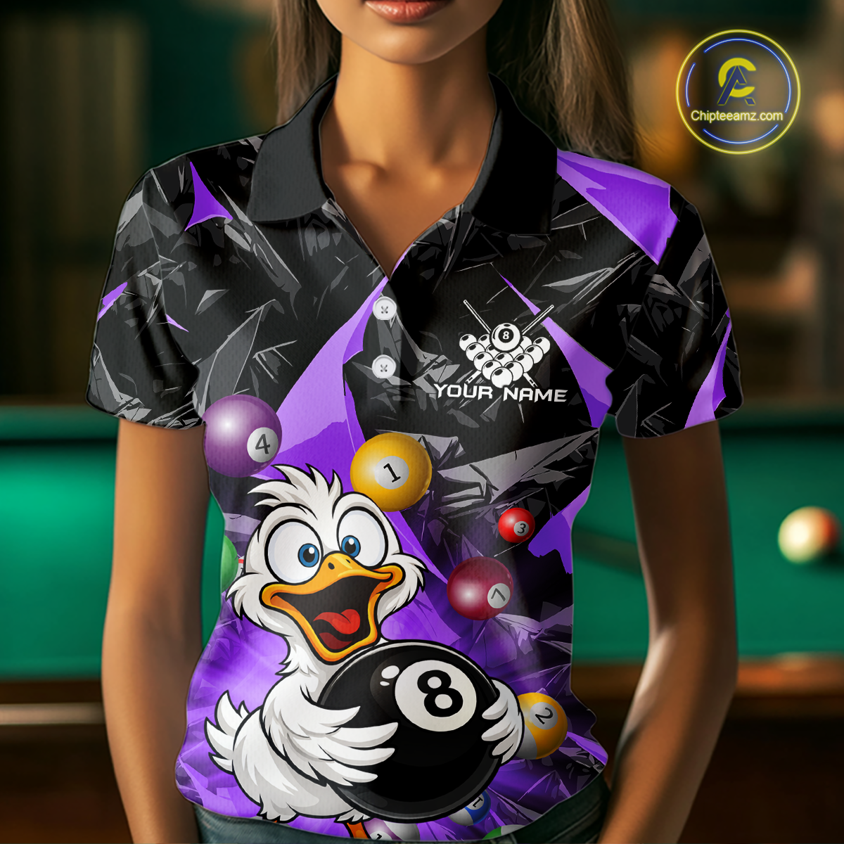 Custom Purple Funny Duck 8 Ball Pool Shirts Billiard Shirt for Women Billiard Team Jersey League NNT172