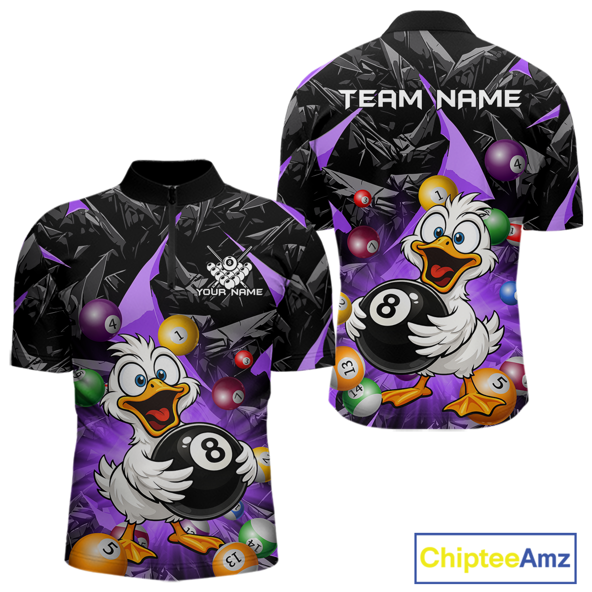 Custom Purple Funny Duck 8 Ball Pool Shirts Billiard Shirt for Men Billiard Team Jersey League NNT172