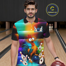 Load image into Gallery viewer, Man wearing a colorful bowling polo featuring a shocked rooster chicken, blue bowling ball, surprised pins, and custom your name text.