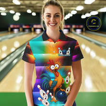Load image into Gallery viewer, Woman wearing a colorful bowling polo featuring a shocked rooster chicken, blue bowling ball, surprised pins, and custom your text.