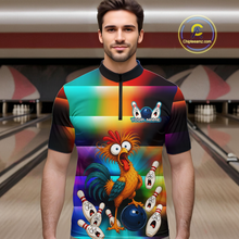 Load image into Gallery viewer, Man wearing a colorful bowling quarter zip featuring a shocked rooster chicken, blue bowling ball, surprised pins, and custom your name text.