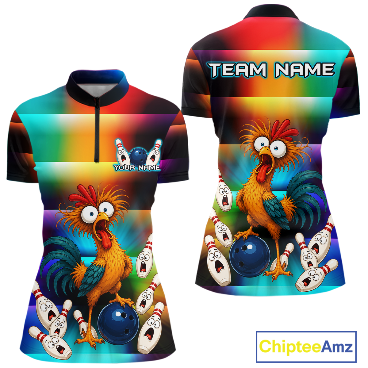 Front and back views of a colorful bowling  quarter zip featuring a shocked rooster chicken, blue bowling ball, surprised pins, and custom team and your text.