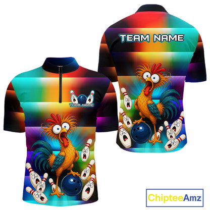 Front and back views of a colorful bowling quarter zip featuring a shocked rooster chicken, blue bowling ball, surprised pins, and custom team and your text.