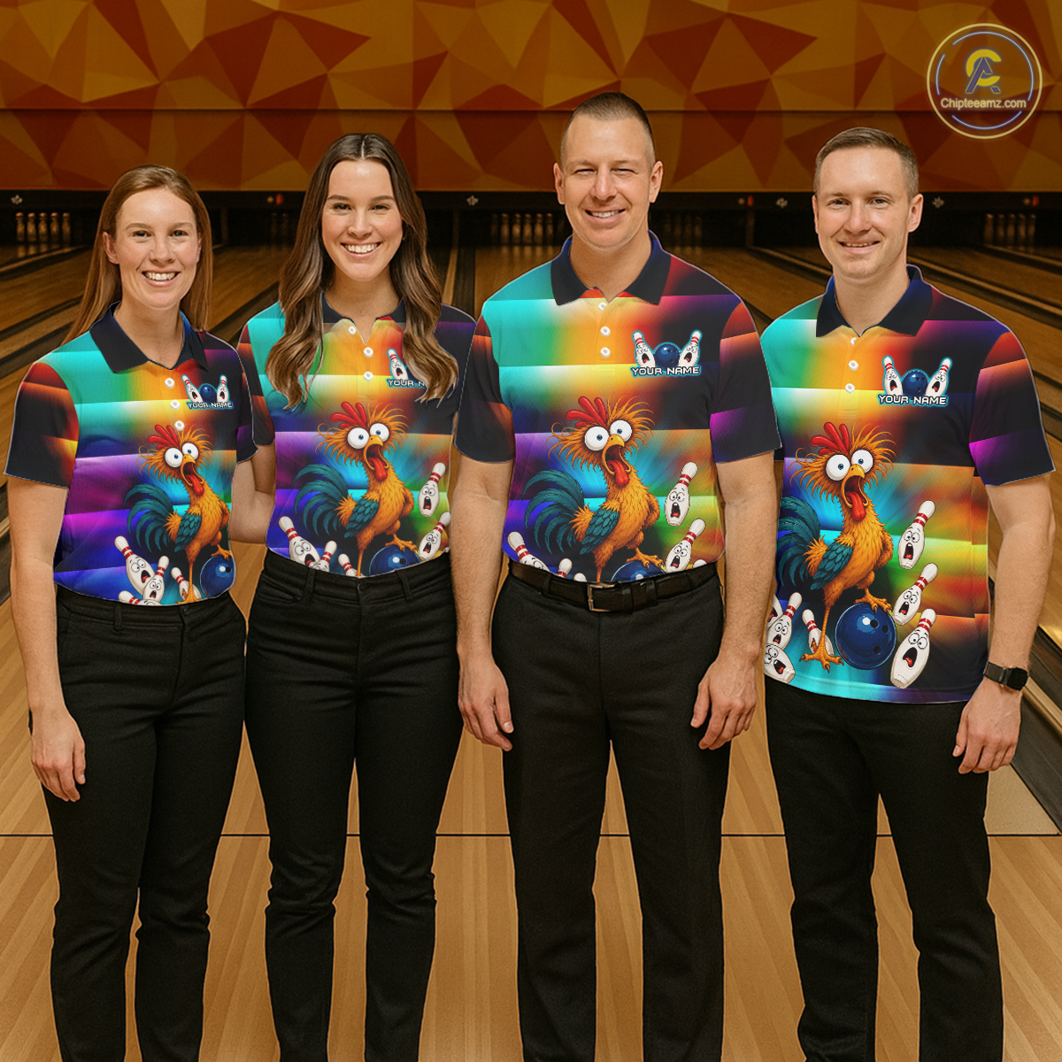 Four people wearing colorful bowling polo featuring a shocked rooster chicken, blue bowling ball, surprised pins, and custom your name text.