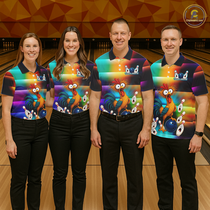 Four people wearing colorful bowling polo featuring a shocked rooster chicken, blue bowling ball, surprised pins, and custom your name text.