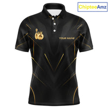 Load image into Gallery viewer, Front view personalized bowling polo shirt with a crowned bowling ball accent paired with gold line patterns across a black layout.