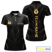 Load image into Gallery viewer, Front and back view personalized bowling polo shirt with a crowned bowling ball accent paired with gold line patterns across a black layout.