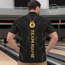Load image into Gallery viewer, Men wearing personalized bowling quarter zip shirt with a crowned bowling ball accent paired with gold line patterns across a black layout.