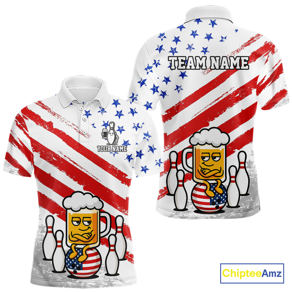 Custom US Flag Funny Beer Bowling Jersey for Men Polo & 1/4 Zip Bowling Team Shirts HNT143
