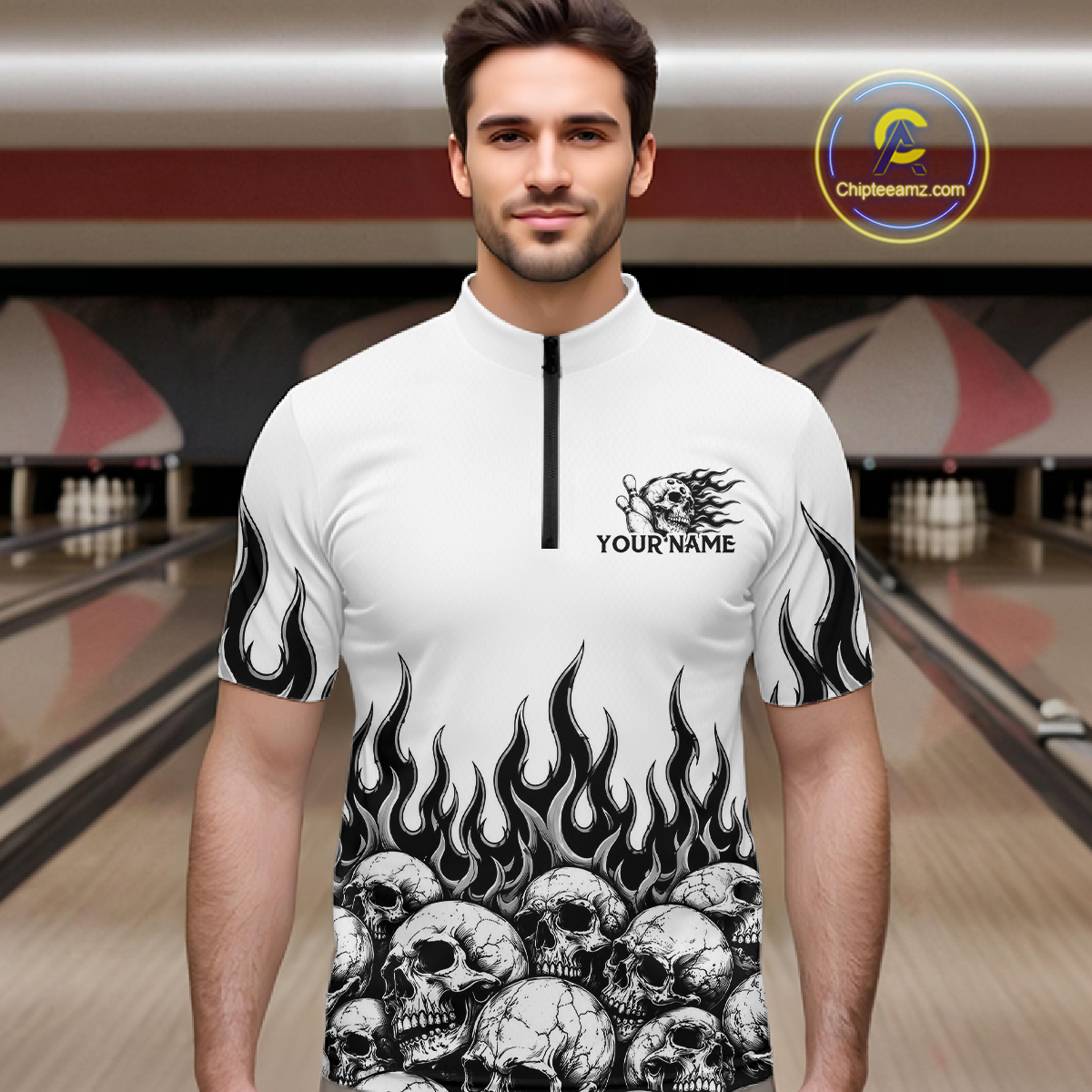 Custom Skull Flame Bowling Jersey for Men Bowling Team Shirts Bowling League Polo & 1/4 Zip HNT305
