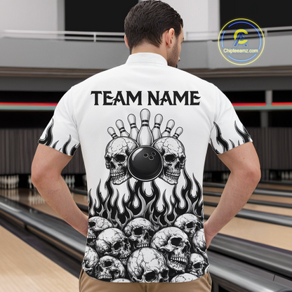 Custom Skull Flame Bowling Jersey for Men Bowling Team Shirts Bowling League Polo & 1/4 Zip HNT305