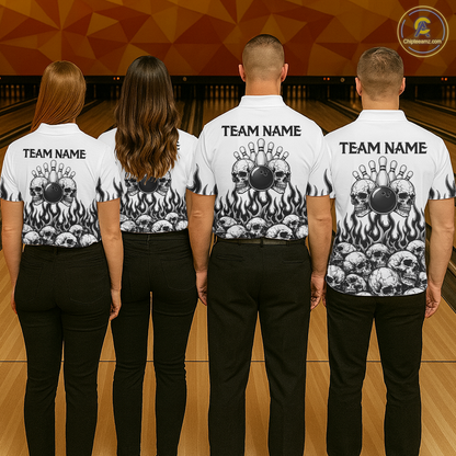 Custom Skull Flame Bowling Jersey for Men Bowling Team Shirts Bowling League Polo & 1/4 Zip HNT305