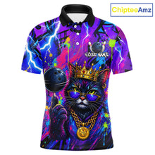 Load image into Gallery viewer, Front view personalized bowling polo shirt with a crowned cat holding a bowling ball, blended with colorful paint strokes and graphic patterns.