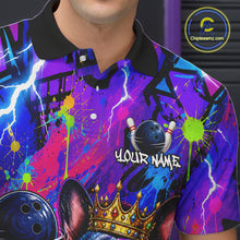 Load image into Gallery viewer, Personalized bowling polo shirt with a crowned bulldog holding a bowling ball, surrounded by paint effects and bold graphic patterns.