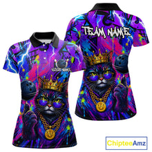 Load image into Gallery viewer, Front and back view personalized bowling polo shirt with a crowned cat holding a bowling ball, blended with colorful paint strokes and graphic patterns.