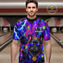 Load image into Gallery viewer, Men wearing personalized bowling quarter zip shirt with a crowned bulldog holding a bowling ball, surrounded by paint effects and bold graphic patterns.