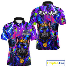 Load image into Gallery viewer, Front and back view personalized bowling polo shirt with a crowned bulldog holding a bowling ball, surrounded by paint effects and bold graphic patterns.