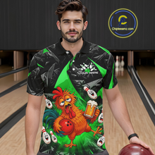 Load image into Gallery viewer, Man wearing a black and green bowling polo featuring a wild rooster mascot holding a beer mug and red bowling ball, with custom your name text.